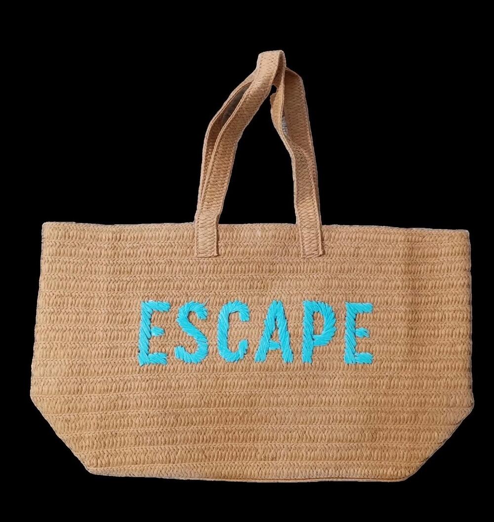 23" Over-sized Straw Tote - ESCAPE Embroidered Double Handle Weekend Beach Bag